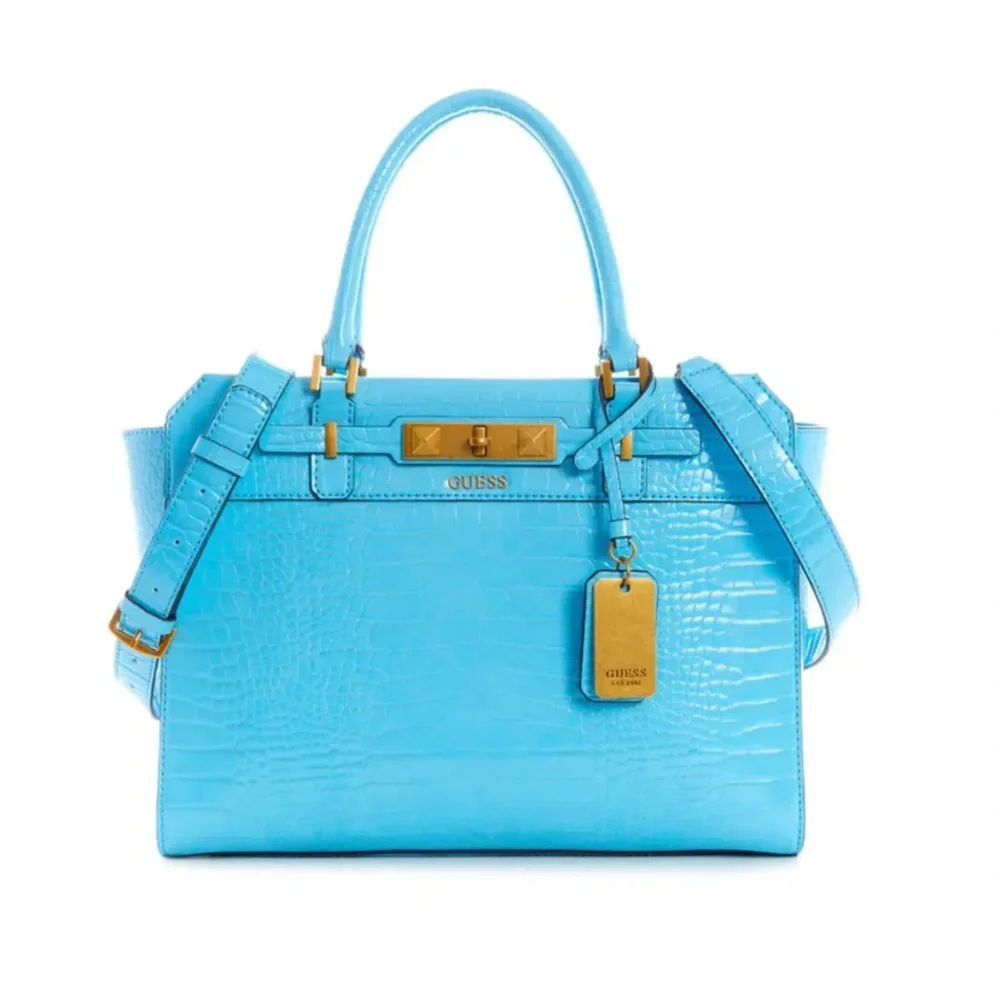 🌟SOLD🌟NEW! GUESS Raffie Crocodile-Embossed Carryall Satchel Bag in Bright Blue